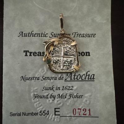 MEL FISHER ATOCHA 925 STERLING SILVER SHIPWRECK COIN WITH DOLPHINS & RAW EMERALD & COA
