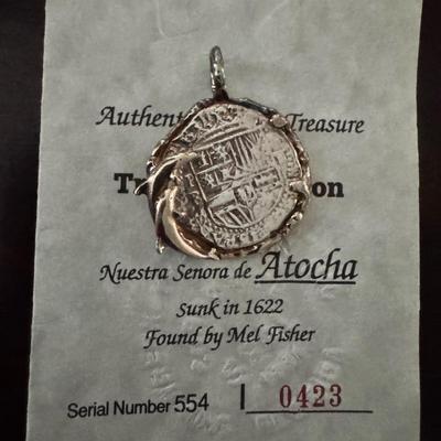 MEL FISHER ATOCHA 925 STERLING SILVER SHIPWRECK COIN WITH DOLPHINS