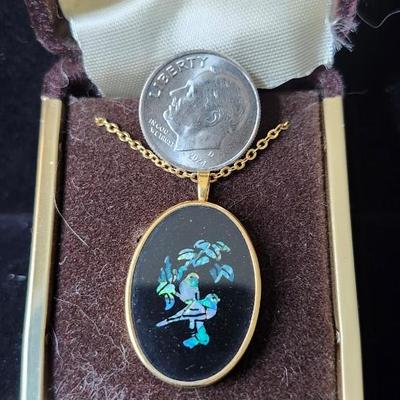 Sale Photo Thumbnail #287: Onyx pendant with opal bird inset,
14K gold filled