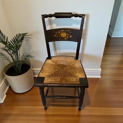 Hitchcock Style Black and Gold Stenciled Chair with a Rush Seat