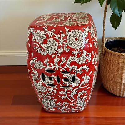 Chinese Ceramic Garden Stool With Red and White Floral Pattern