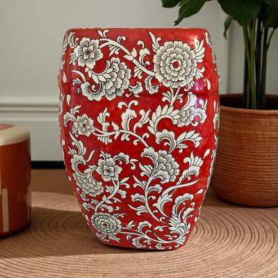 Chinese Ceramic Garden Stool With Red and White Floral Pattern
