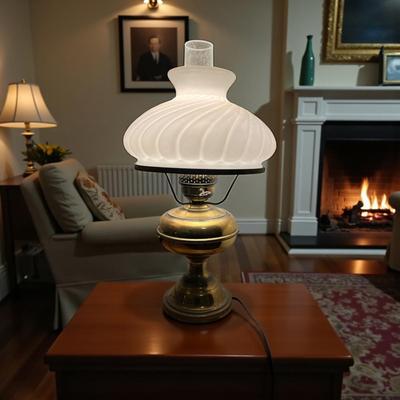Electrified Brass Oil Lamp and Milk Glass Shade