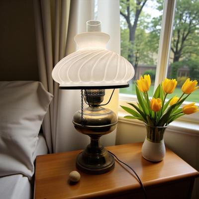 Electrified Brass Oil Lamp and Milk Glass Shade