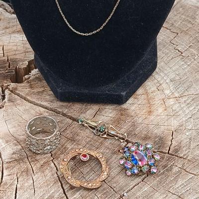 Antique 1900's gold colored brooch, Iris glass brooch, gold toned w/ ruby wreath brooch a ring and a necklace chain