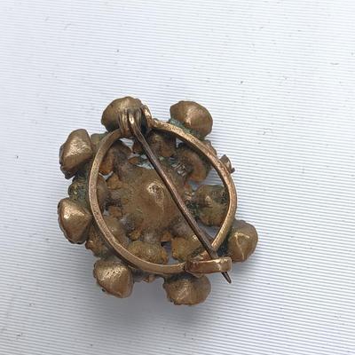 Antique 1900's gold colored brooch, Iris glass brooch, gold toned w/ ruby wreath brooch a ring and a necklace chain