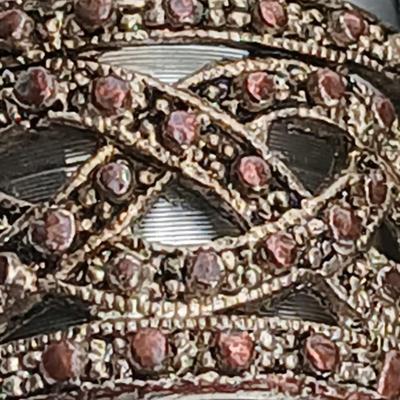 Antique 1900's gold colored brooch, Iris glass brooch, gold toned w/ ruby wreath brooch a ring and a necklace chain