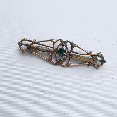 Antique 1900's gold colored brooch, Iris glass brooch, gold toned w/ ruby wreath brooch a ring and a necklace chain