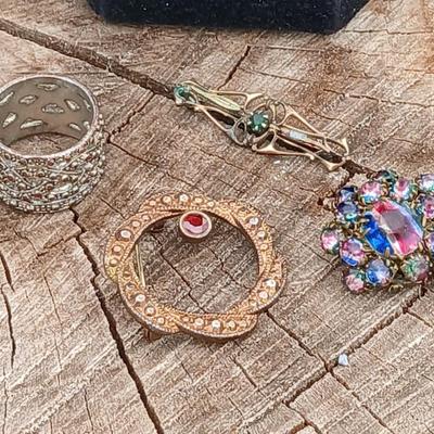 Antique 1900's gold colored brooch, Iris glass brooch, gold toned w/ ruby wreath brooch a ring and a necklace chain