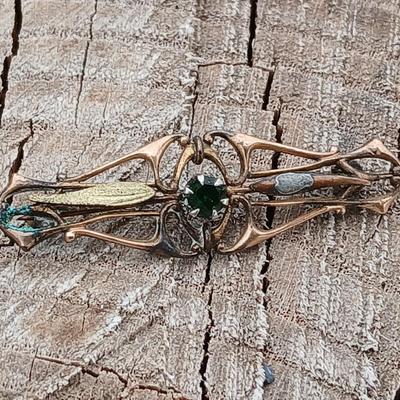 Antique 1900's gold colored brooch, Iris glass brooch, gold toned w/ ruby wreath brooch a ring and a necklace chain