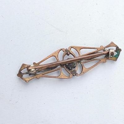 Antique 1900's gold colored brooch, Iris glass brooch, gold toned w/ ruby wreath brooch a ring and a necklace chain