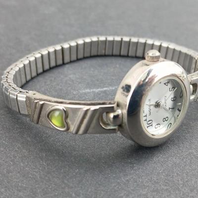 Watch it stretch band women's watch with two brooch pins - Silver toned brooch and bow brooch