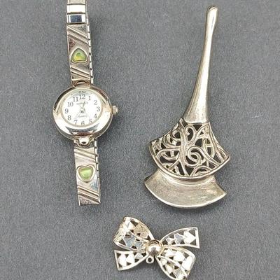 Watch it stretch band women's watch with two brooch pins - Silver toned brooch and bow brooch