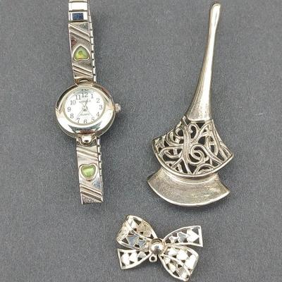 Watch it stretch band women's watch with two brooch pins - Silver toned brooch and bow brooch