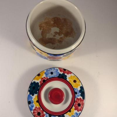 Sale Photo Thumbnail #144: Vintage Hand Painted Ges Gesch Germany Porcelain Storage Box with Lid- Approx 5 1/2" in Diameter.  Item has chipping and discoloration- please see all pictures.