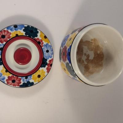 Sale Photo Thumbnail #145: Vintage Hand Painted Ges Gesch Germany Porcelain Storage Box with Lid- Approx 5 1/2" in Diameter.  Item has chipping and discoloration- please see all pictures.