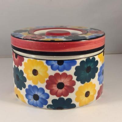 Sale Photo Thumbnail #142: Vintage Hand Painted Ges Gesch Germany Porcelain Storage Box with Lid- Approx 5 1/2" in Diameter.  Item has chipping and discoloration- please see all pictures.