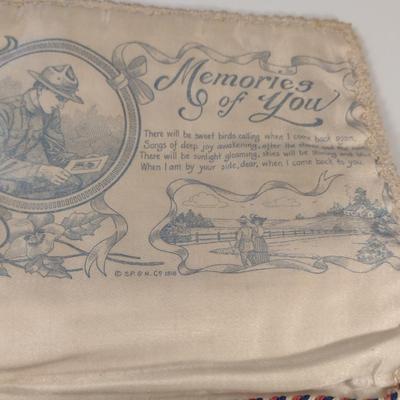 Sale Photo Thumbnail #159: Antique WWI Silk Forget Me Not Sweetheart Handkerchief Pouches