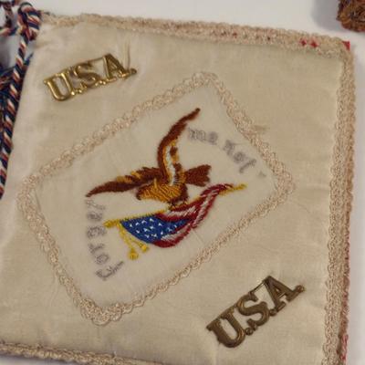 Sale Photo Thumbnail #157: Antique WWI Silk Forget Me Not Sweetheart Handkerchief Pouches