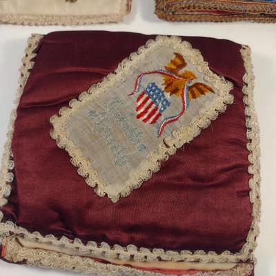 Sale Photo Thumbnail #152: Antique WWI Silk Forget Me Not Sweetheart Handkerchief Pouches