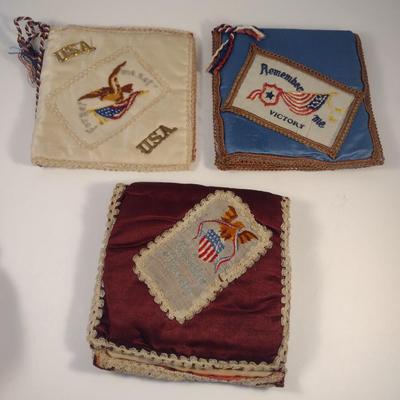 Sale Photo Thumbnail #151: Antique WWI Silk Forget Me Not Sweetheart Handkerchief Pouches