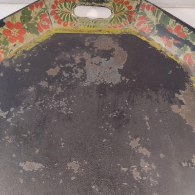 Sale Photo Thumbnail #185: Antique Tin Serving Tray by North Tinsmiths of Fly Creek, NY - Circa 1830- Approx 20" x 14 1/4".  Item has wear to finish- please see all pictures for condition.