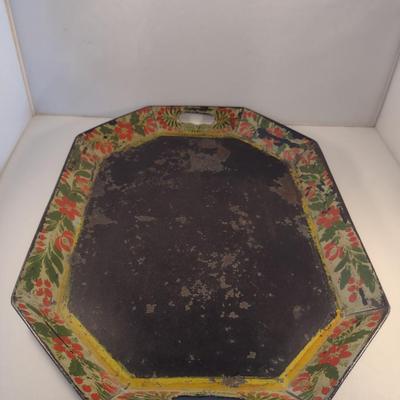 Sale Photo Thumbnail #179: Antique Tin Serving Tray by North Tinsmiths of Fly Creek, NY - Circa 1830- Approx 20" x 14 1/4".  Item has wear to finish- please see all pictures for condition.
