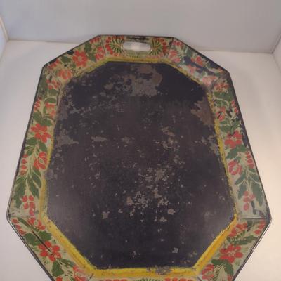 Sale Photo Thumbnail #180: Antique Tin Serving Tray by North Tinsmiths of Fly Creek, NY - Circa 1830- Approx 20" x 14 1/4".  Item has wear to finish- please see all pictures for condition.