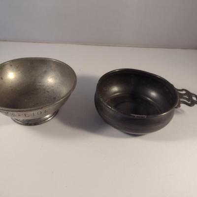 Sale Photo Thumbnail #194: Rare Antique HMS Lion WW1 Royal Navy Pewter Bowl and Unmarked Porringer