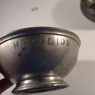 Sale Photo Thumbnail #201: Rare Antique HMS Lion WW1 Royal Navy Pewter Bowl and Unmarked Porringer