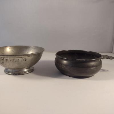 Sale Photo Thumbnail #195: Rare Antique HMS Lion WW1 Royal Navy Pewter Bowl and Unmarked Porringer