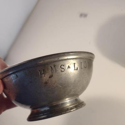 Sale Photo Thumbnail #200: Rare Antique HMS Lion WW1 Royal Navy Pewter Bowl and Unmarked Porringer