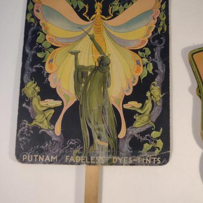 Sale Photo Thumbnail #203: Vintage Advertising Hand Fans.  Square fan has been repaired with tape- please see all pictures.
