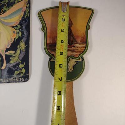 Sale Photo Thumbnail #210: Vintage Advertising Hand Fans.  Square fan has been repaired with tape- please see all pictures.