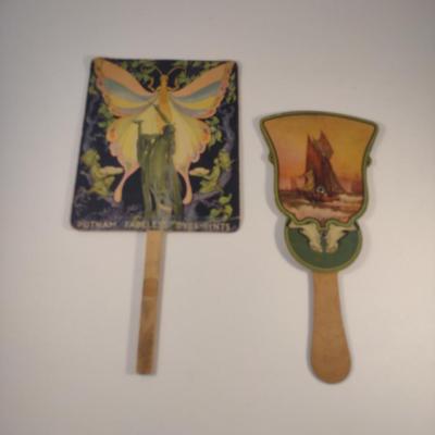 Sale Photo Thumbnail #202: Vintage Advertising Hand Fans.  Square fan has been repaired with tape- please see all pictures.