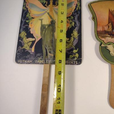 Sale Photo Thumbnail #209: Vintage Advertising Hand Fans.  Square fan has been repaired with tape- please see all pictures.
