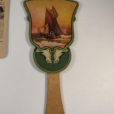 Sale Photo Thumbnail #205: Vintage Advertising Hand Fans.  Square fan has been repaired with tape- please see all pictures.