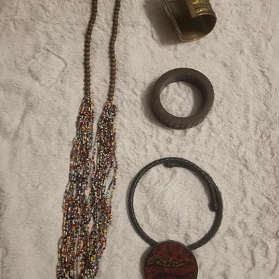 Vintage 80s GLASS BEAD NECKLACE CHICO’S ROPE CHOKER BRASS CUFF BRACELET WOOD BRACELET