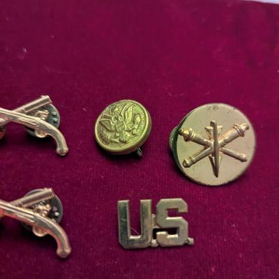 Sale Photo Thumbnail #2714: US Army Artillery Officer Collar Pin HIlborn Hamberger Set - Military Police Lapel Pin Set