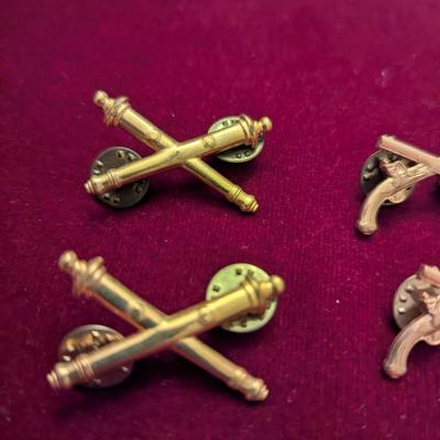 Sale Photo Thumbnail #2712: US Army Artillery Officer Collar Pin HIlborn Hamberger Set - Military Police Lapel Pin Set