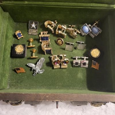 Skull jewelry box tie pin, Eagle brooch, Cuff links.