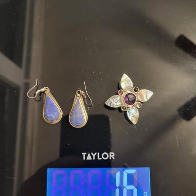 925 lapis earrings, Sajen Abalone Paua shell and Amethyst pendant. 16 g.
