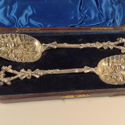 Sale Photo Thumbnail #221: Pair of Antique Repousse' Spoons with Storage Case- Circa 1870.  Items were curated from Scotland for Cannell & Chaffin.