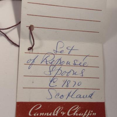 Sale Photo Thumbnail #224: Pair of Antique Repousse' Spoons with Storage Case- Circa 1870.  Items were curated from Scotland for Cannell & Chaffin.