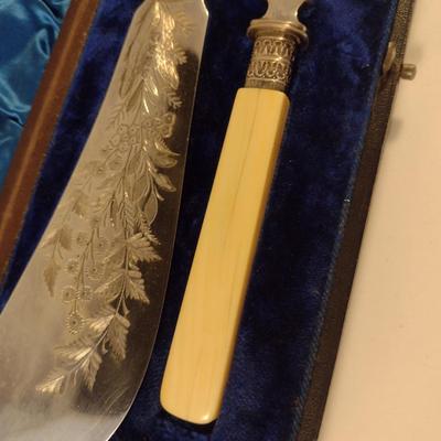 Sale Photo Thumbnail #230: Antique Fish Serving Set with Storage Case- Electroplated with Etched Botanical Design