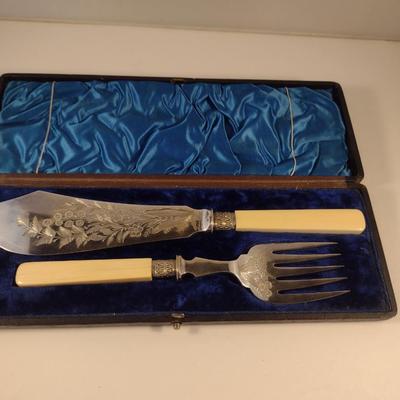 Sale Photo Thumbnail #227: Antique Fish Serving Set with Storage Case- Electroplated with Etched Botanical Design