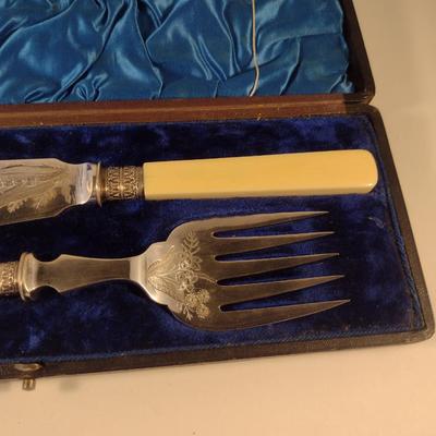 Sale Photo Thumbnail #228: Antique Fish Serving Set with Storage Case- Electroplated with Etched Botanical Design