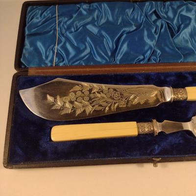 Sale Photo Thumbnail #229: Antique Fish Serving Set with Storage Case- Electroplated with Etched Botanical Design