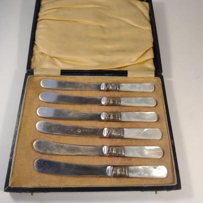 Sale Photo Thumbnail #236: Antique Butter Knives with Mother of Pearl Handles- Storage Case Included