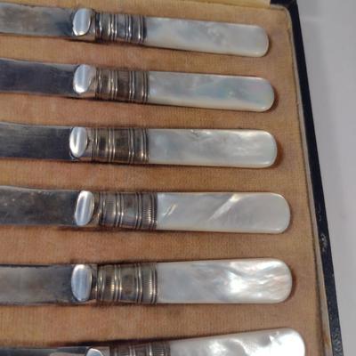 Sale Photo Thumbnail #237: Antique Butter Knives with Mother of Pearl Handles- Storage Case Included